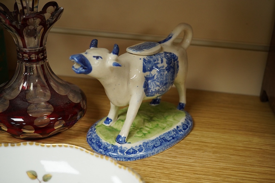 Sundry china and glass to include a red flashed glass scent bottle, a green glazed porcelain example and a Meissen second bird dish, largest 22cm wide. Condition - mostly fair, some minor breaks